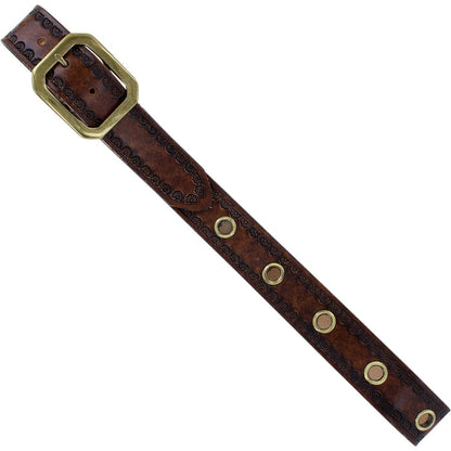Brighton brown leather belt with floral embossed edges, gold-tone rectangular buckle, and grommet holes on a white background