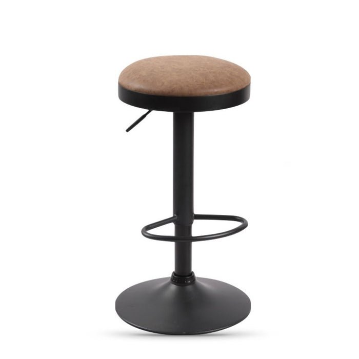 Bar stool with a brown cushioned seat and black metal frame on a white background