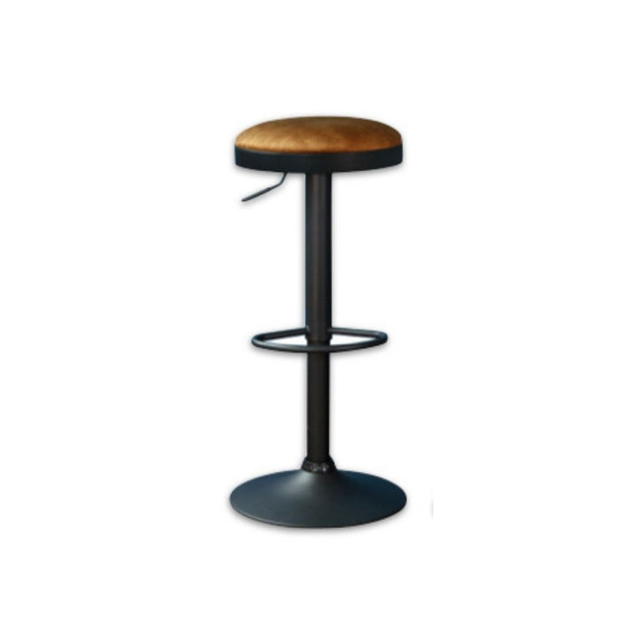 Bar stool with rust coloured upholstered seat and black metal frame on a white background