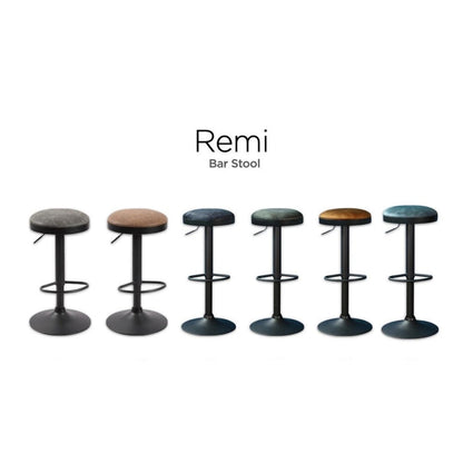 Set of six Remi bar stools with different colored seats on a white background