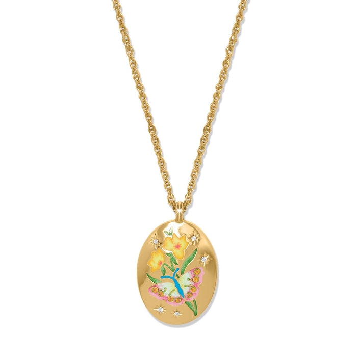 Brighton pendant necklace with gold-plated oval featuring enamel butterfly, floral design, and crystal accents on a white background