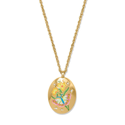 Brighton pendant necklace with gold-plated oval featuring enamel butterfly, floral design, and crystal accents on a white background