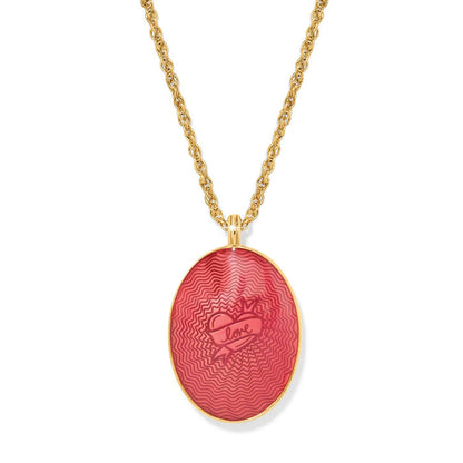 Brighton pendant necklace with red enamel oval featuring heart and love banner on gold-plated chain on a white background