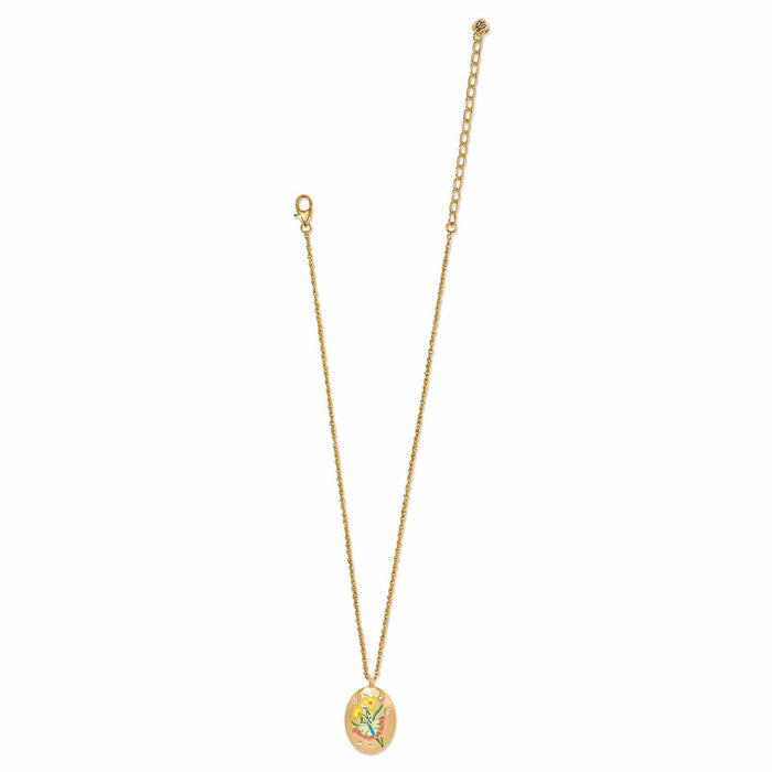 Brighton pendant necklace with gold-plated chain, oval pendant featuring enamel hummingbird and floral design on a white background