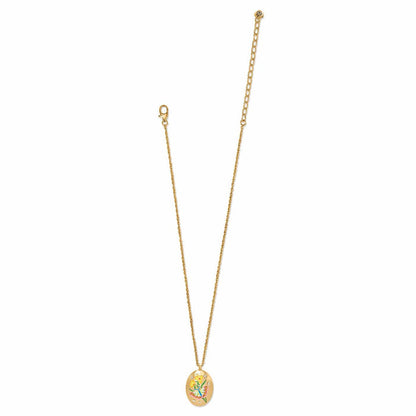 Brighton pendant necklace with gold-plated chain, oval pendant featuring enamel hummingbird and floral design on a white background