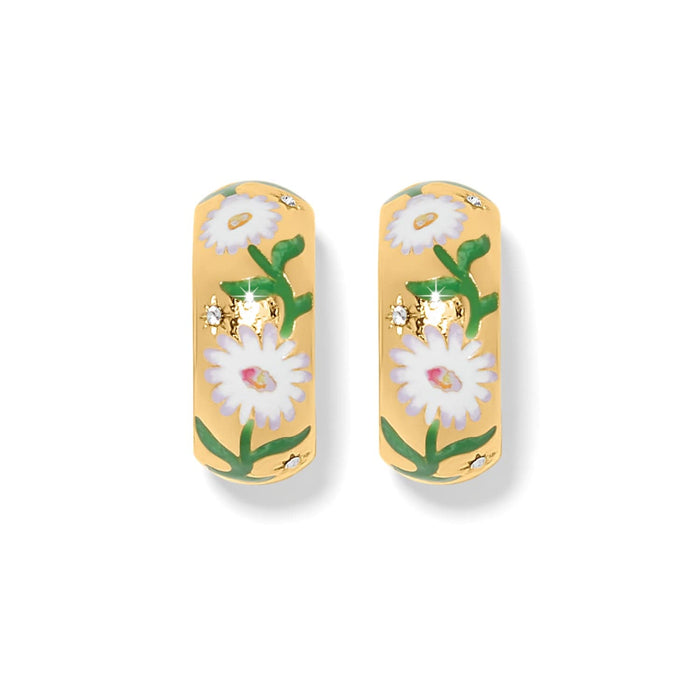 Brighton hoop earrings with gold-plated finish, white enamel daisies, green leaves, and crystal accents on a white background