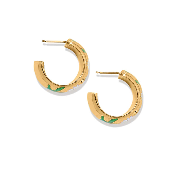 Brighton hoop earrings with gold-plated finish and green and white enamel accents on a white background
