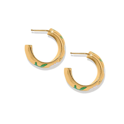 Brighton hoop earrings with gold-plated finish and green and white enamel accents on a white background