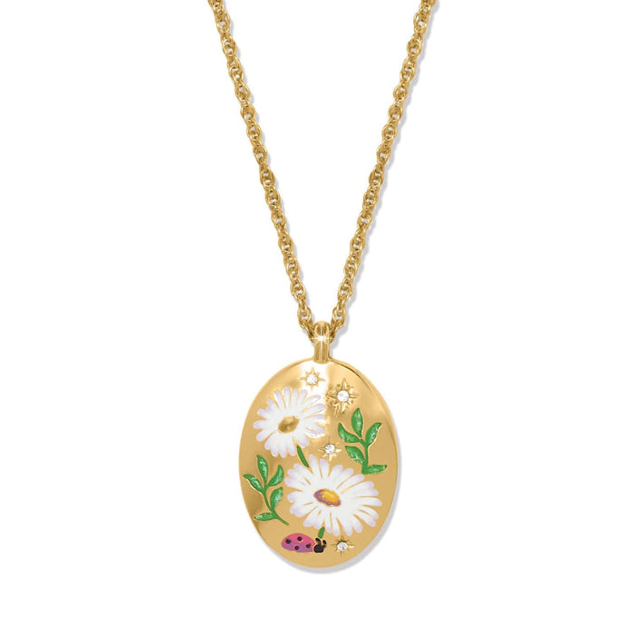 Brighton pendant necklace with gold-plated oval featuring enamel daisies, ladybug, and crystal accents on a white background