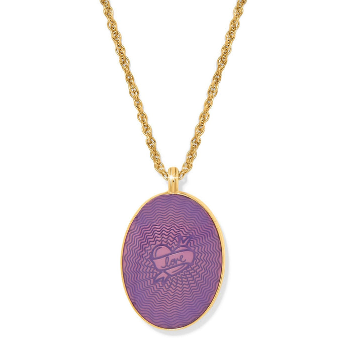 Brighton pendant necklace with gold-plated chain and purple enamel oval featuring engraved heart and love banner on white background
