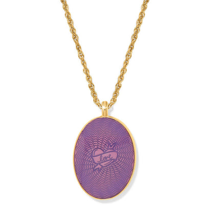 Brighton pendant necklace with gold-plated chain and purple enamel oval featuring engraved heart and love banner on white background