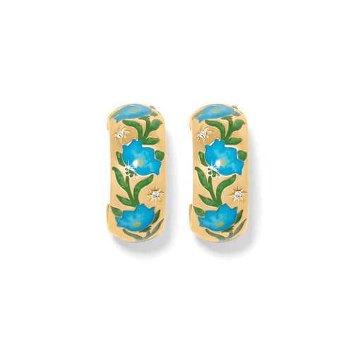 Brighton hoop earrings with gold-plated finish, blue enamel floral design, green leaves, and crystal accents on a white background