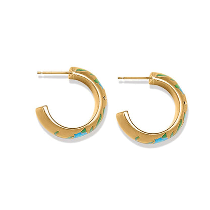 Brighton gold-plated hoop earrings with blue and green enamel detailing and crystal accents on a white background