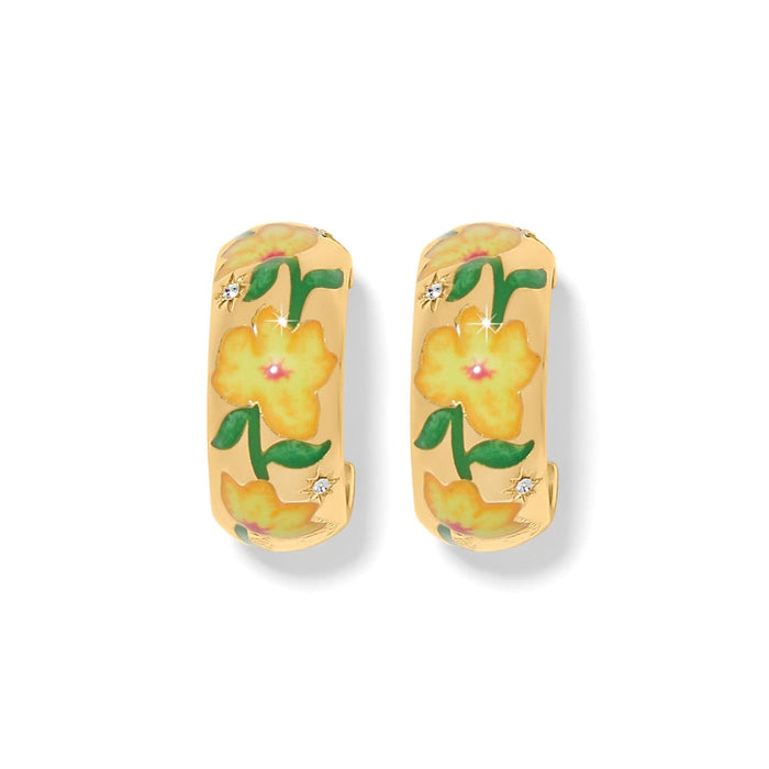 Brighton hoop earrings with gold-plated finish, yellow enamel floral design, and crystal accents on a white background