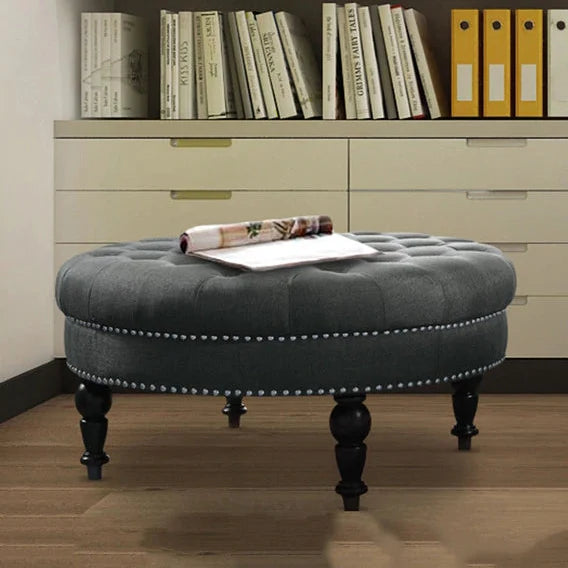 Round Tufted Ottoman with Upholstered and Solid Wood Legs for Living Room