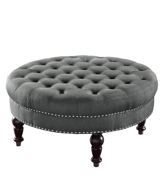 Round Tufted Ottoman with Upholstered and Solid Wood Legs for Living Room