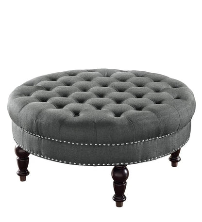 Round Tufted Ottoman with Upholstered and Solid Wood Legs for Living Room