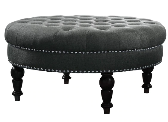 Round Tufted Ottoman with Upholstered and Solid Wood Legs for Living Room