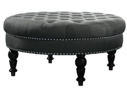 Round Tufted Ottoman with Upholstered and Solid Wood Legs for Living Room