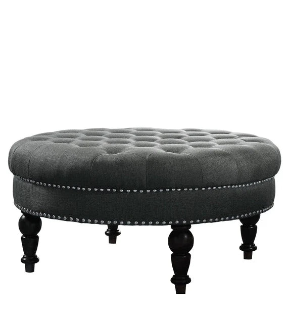 Round Tufted Ottoman with Upholstered and Solid Wood Legs for Living Room