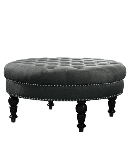 Round Tufted Ottoman with Upholstered and Solid Wood Legs for Living Room