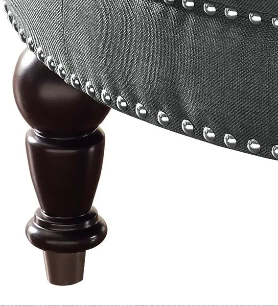Round Tufted Ottoman with Upholstered and Solid Wood Legs for Living Room