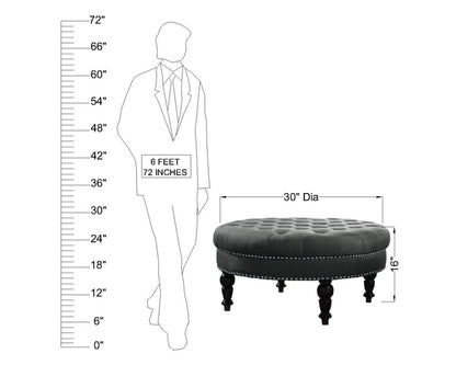 Round Tufted Ottoman with Upholstered and Solid Wood Legs for Living Room