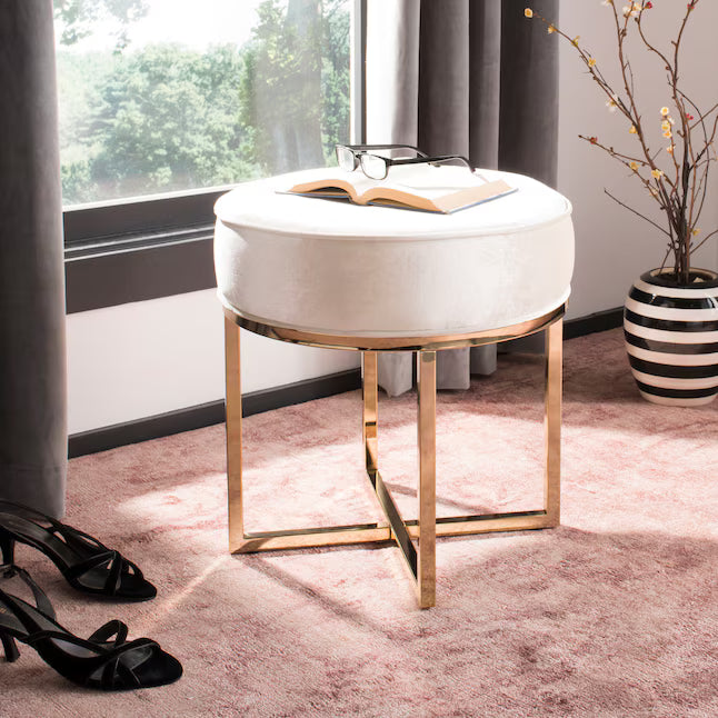 Round Velvet & Gold Accent Ottoman Stool - Chic Living Room & Bedroom Furniture