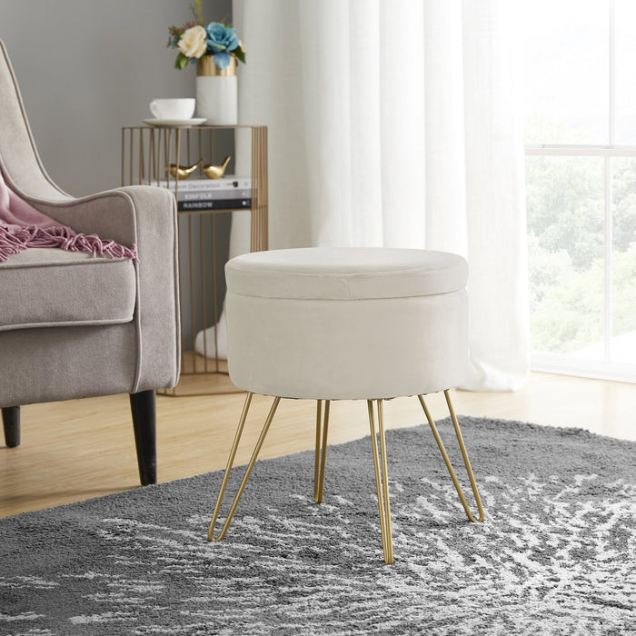 Round Velvet Storage Ottoman with Gold Metal Legs - Padded Footstool Seat for Living Room