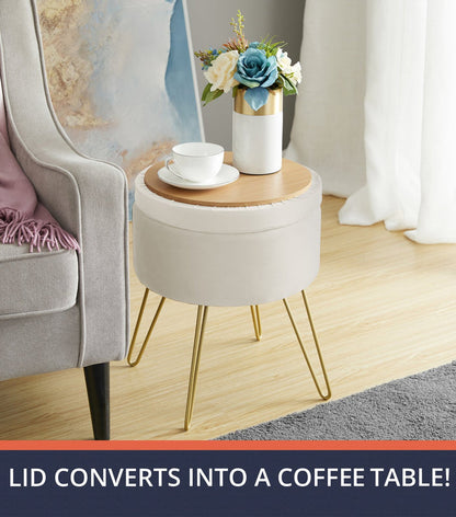 Round Velvet Storage Ottoman with Gold Metal Legs - Padded Footstool Seat for Living Room