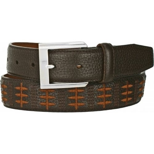 Brighton brown leather belt with orange contrast stitching and silver-tone rectangular buckle on a white background