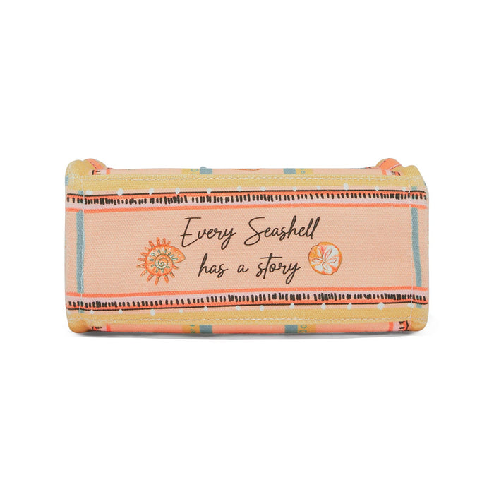 Brighton handbag shown from the bottom with peach striped print and "Every Seashell has a story" text on a white background