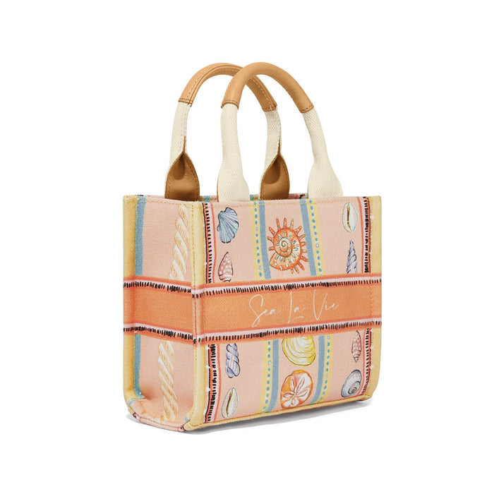 Brighton tote handbag with peach seashell print, orange stripe, and tan leather handles on a white background