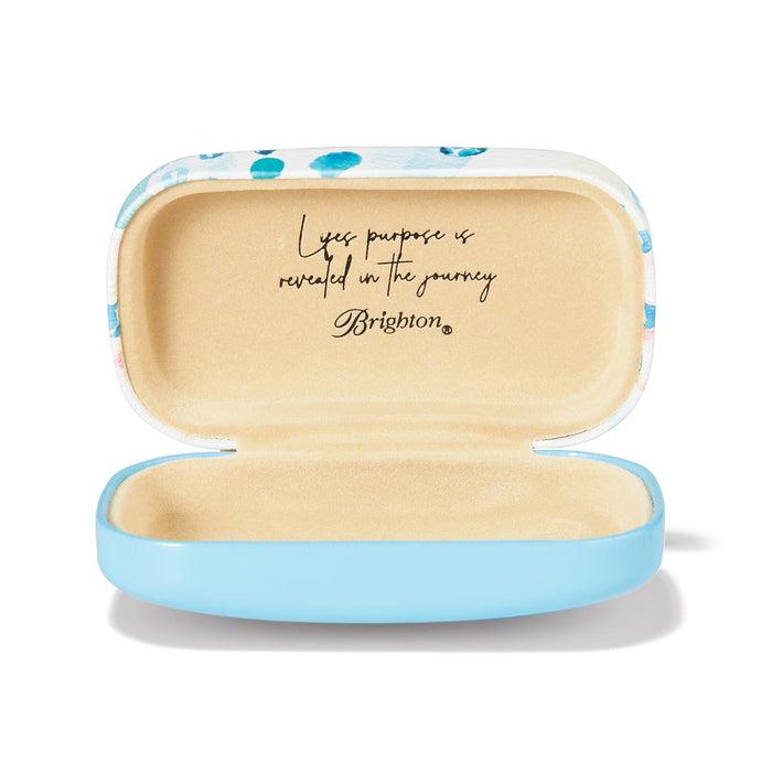 Brighton sunglasses case shown open with tan interior, inspirational quote, and light blue exterior on a white background