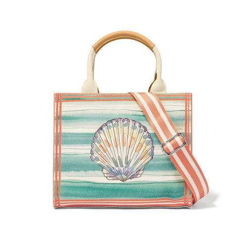 Brighton handbag with seashell print, teal and coral stripes, canvas handles, and striped crossbody strap on a white background