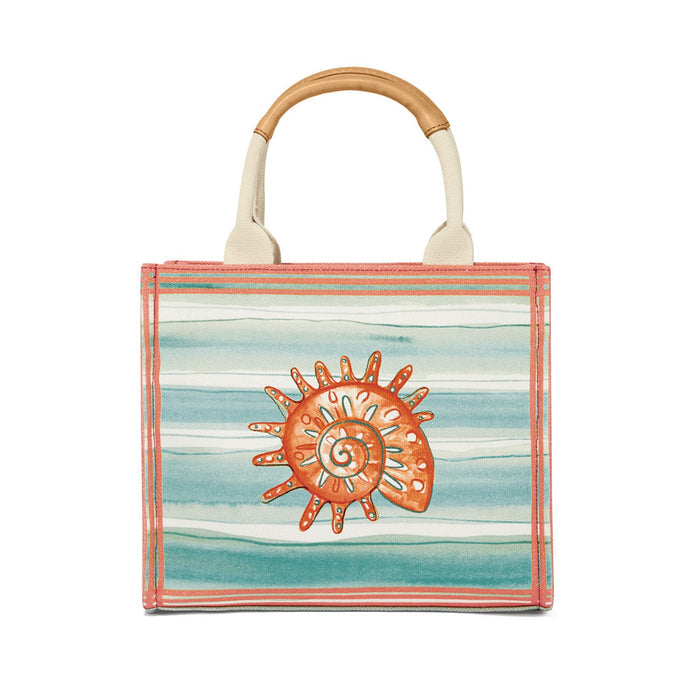 Brighton tote handbag with striped teal and coral print featuring an orange seashell illustration on a white background