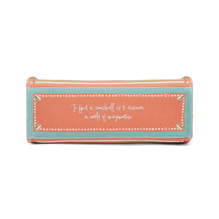 Brighton handbag shown from the bottom with coral and teal panels and printed seashell quote on a white background