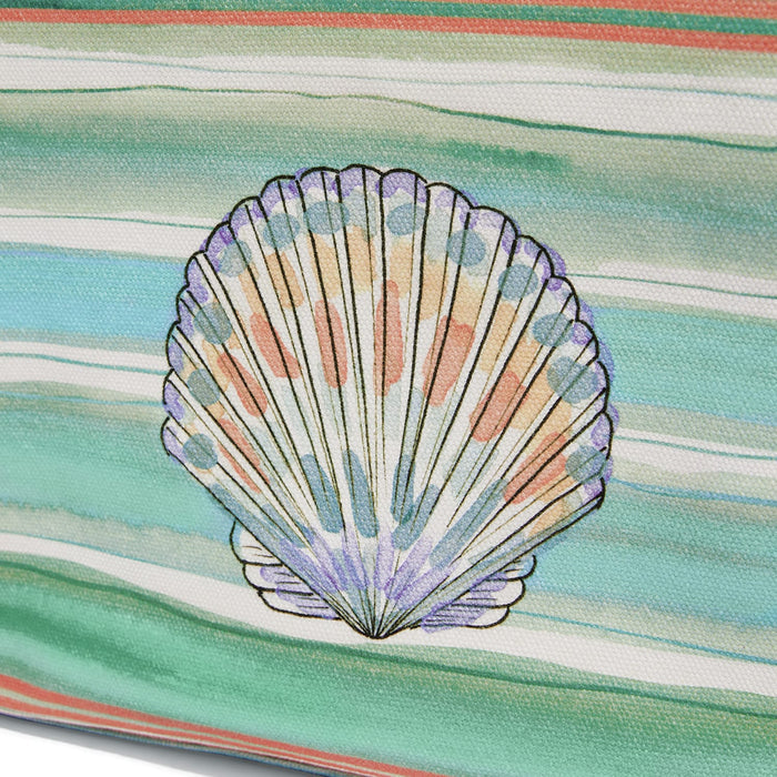 Close-up of Brighton canvas fabric featuring illustrated scallop shell print with pastel dots on green striped watercolor background