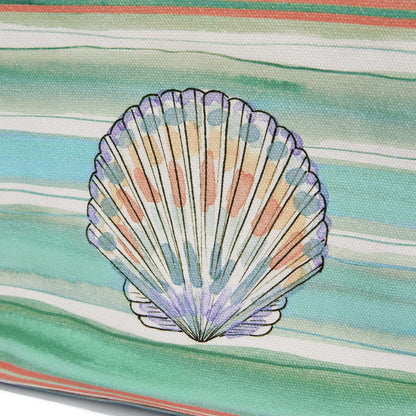Close-up of Brighton canvas fabric featuring illustrated scallop shell print with pastel dots on green striped watercolor background