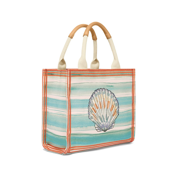 Brighton tote handbag with turquoise striped print, seashell illustration, coral trim, and canvas handles on a white background