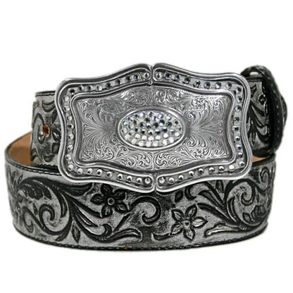 Brighton black leather belt with floral tooling and rectangular engraved buckle featuring crystals on a white background