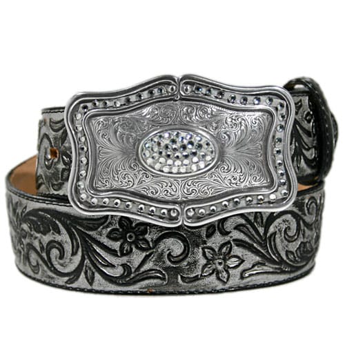 Brighton black leather belt with floral tooling and rectangular engraved buckle featuring crystals on a white background