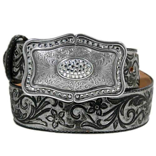 Brighton black leather belt with ornate silver-tone buckle, crystal accents, and floral scroll tooling on a white background