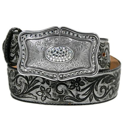 Brighton black leather belt with ornate silver-tone buckle, crystal accents, and floral scroll tooling on a white background