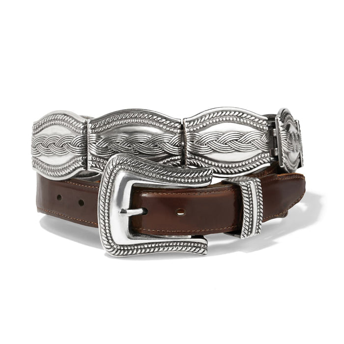 Brighton brown leather belt with silver-tone braided concho detailing and ornate rope-edged buckle on a white background