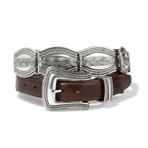 Brighton brown leather belt with silver-tone braided concho detailing and ornate rope-edged buckle on a white background