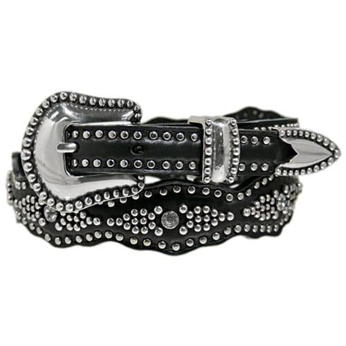 Brighton black leather belt with crystal embellishments, silver-tone studs, and buckle coiled on a white background