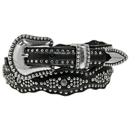 Brighton black leather belt with crystal embellishments, silver-tone studs, and buckle coiled on a white background