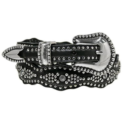 Brighton black leather belt with silver-tone studs, crystal accents, and ornate buckle on a white background