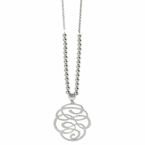 Brighton pendant necklace with hammered silver-plated scroll medallion and beaded chain accent on a white background